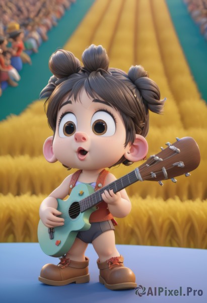 1girl,solo,smile,short hair,open mouth,brown hair,shirt,black hair,holding,twintails,brown eyes,standing,full body,boots,outdoors,shoes,shorts,sleeveless,hair bun,blurry,double bun,blurry background,brown footwear,black shorts,tank top,short twintails,instrument,child,music,guitar,female child,playing instrument,holding instrument,chibi,short shorts,grass,freckles