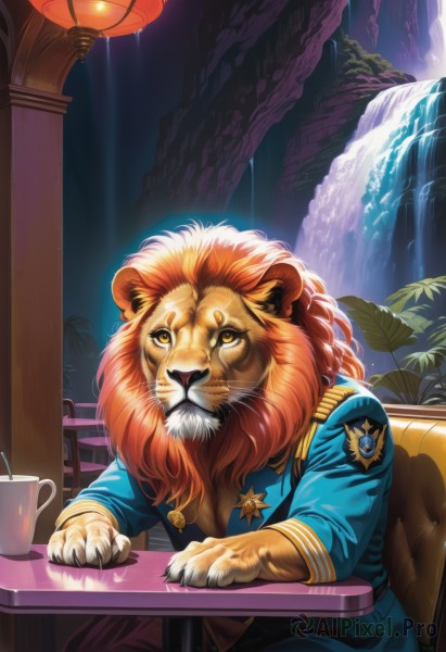 solo,long hair,1boy,brown eyes,sitting,yellow eyes,male focus,water,uniform,tree,cup,military,no humans,military uniform,animal,chair,table,plant,furry,mug,lamp,badge,waterfall,medal,lion,looking at viewer,shirt,long sleeves,indoors,leaf,watermark,blue shirt,lantern,light,animal focus