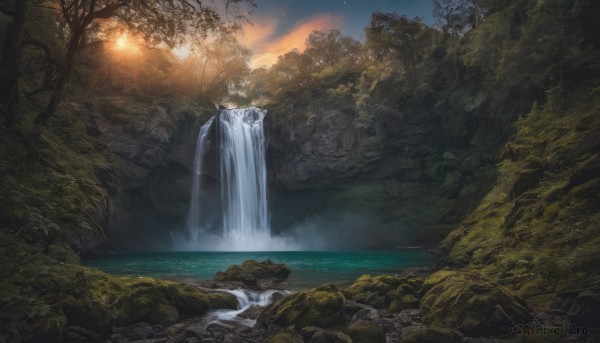 A waterfall caught in a peaceful sunset outdoors