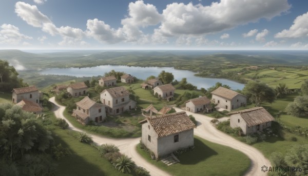 outdoors,sky,day,cloud,water,tree,blue sky,no humans,window,ocean,beach,cloudy sky,grass,building,nature,scenery,forest,mountain,horizon,road,bush,house,river,landscape,shore,path,hill,town,from above,field