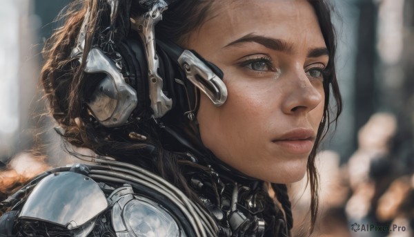 1girl,solo,blue eyes,brown hair,black hair,armor,blurry,lips,grey eyes,eyelashes,depth of field,blurry background,headgear,helmet,portrait,close-up,science fiction,realistic,nose,short hair,closed mouth,from side,expressionless,headset,freckles