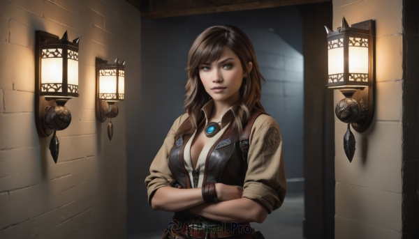 1girl,solo,long hair,breasts,looking at viewer,smile,blue eyes,brown hair,cleavage,brown eyes,jewelry,medium breasts,upper body,belt,necklace,vest,bracelet,lips,makeup,swept bangs,crossed arms,gem,pendant,sleeves rolled up,lantern,nose,door,wall,bangs,shirt,earrings,open clothes,wristband,buckle,realistic,brown belt,lamp,brick wall,brown vest