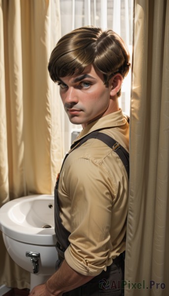 solo,looking at viewer,short hair,bangs,blue eyes,brown hair,shirt,1boy,holding,standing,upper body,male focus,parted lips,collared shirt,looking back,indoors,from side,lips,window,facial hair,suspenders,curtains,sleeves rolled up,freckles,yellow shirt,realistic,nose,overalls,arm hair,sink,black hair,closed mouth,day,pants,black pants,brown pants