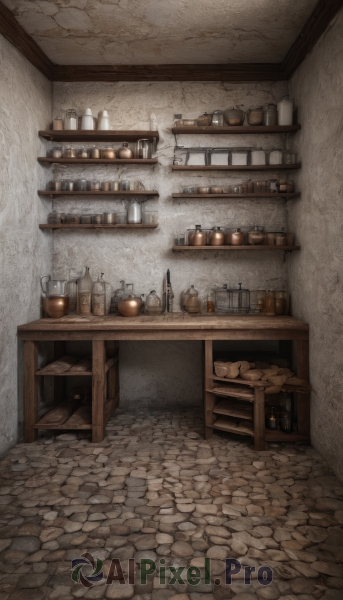 indoors,cup,no humans,chair,table,bottle,scenery,wooden floor,wall,brick wall,stool,shelf,jar,bar (place),counter,barrel,box,door,tiles,cabinet