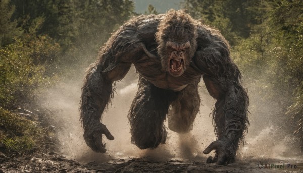 solo,open mouth,1boy,male focus,outdoors,teeth,artist name,tree,no humans,fangs,sharp teeth,all fours,nature,claws,forest,monster,giant,signature,muscular,watermark,running,blank eyes,fleeing,dust