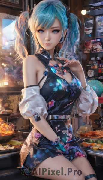 1girl,solo,long hair,breasts,looking at viewer,smile,bangs,blue eyes,large breasts,hair ornament,gloves,dress,holding,cleavage,bare shoulders,twintails,jewelry,medium breasts,sitting,closed mouth,blue hair,short sleeves,thighs,detached sleeves,food,sleeveless,puffy sleeves,belt,artist name,indoors,hand up,nail polish,black dress,puffy short sleeves,lips,fingernails,clothing cutout,eyelashes,thigh strap,sleeveless dress,blue dress,swept bangs,short dress,floral print,cleavage cutout,light smile,buckle,blue nails,chopsticks,pink lips,nose,print dress,skirt,blonde hair,multicolored hair,necklace,bracelet,watermark,ring,gem,web address,between legs,hand between legs,restaurant