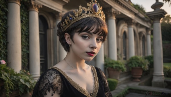 1girl,solo,looking at viewer,short hair,bangs,brown hair,black hair,dress,brown eyes,jewelry,closed mouth,collarbone,upper body,flower,earrings,outdoors,day,necklace,hair bun,mole,blurry,black eyes,black dress,lips,makeup,single hair bun,tiara,crown,plant,lipstick,gem,freckles,realistic,nose,red lips,potted plant,pillar,arch,column,short sleeves,parted lips,depth of field,portrait