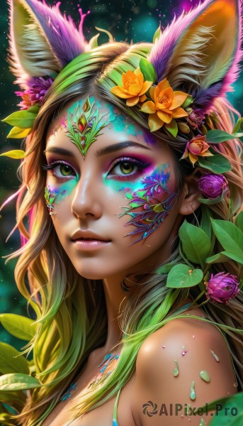 1girl,solo,long hair,breasts,looking at viewer,blonde hair,brown hair,hair ornament,animal ears,cleavage,bare shoulders,medium breasts,closed mouth,green eyes,yellow eyes,upper body,flower,multicolored hair,parted lips,green hair,artist name,signature,hair flower,lips,animal ear fluff,fox ears,eyelashes,gradient hair,makeup,leaf,watermark,facial mark,plant,lipstick,portrait,web address,pink flower,eyeshadow,freckles,pink lips,nose,red lips,eyeliner,facepaint,orange flower,mascara,green flower,brown eyes,jewelry,purple flower,colorful