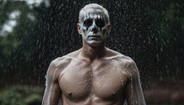 solo,looking at viewer,short hair,1boy,closed mouth,nipples,upper body,white hair,male focus,outdoors,blurry,wet,mask,muscular,blurry background,pectorals,muscular male,bara,facing viewer,large pectorals,rain,realistic,manly,jacket,abs,shaded face,chest hair