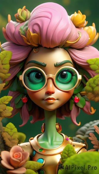 1girl,solo,looking at viewer,short hair,hair ornament,jewelry,closed mouth,green eyes,upper body,pink hair,flower,earrings,glasses,artist name,hair flower,dark skin,blurry,lips,makeup,colored skin,leaf,watermark,plant,monster girl,portrait,pink flower,green background,round eyewear,green skin,tinted eyewear,dreadlocks,plant girl,blue eyes,collarbone,multicolored hair,necklace,two-tone hair,eyelashes,depth of field,sunglasses,web address,nose,pink skin,yellow-framed eyewear