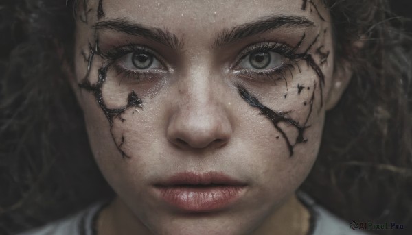 1girl,solo,long hair,looking at viewer,brown hair,black hair,closed mouth,tears,black eyes,lips,grey eyes,eyelashes,scar,portrait,close-up,realistic,nose,straight-on,brown eyes,mole,freckles,serious,facial tattoo,dirty,dirty face,cracked skin