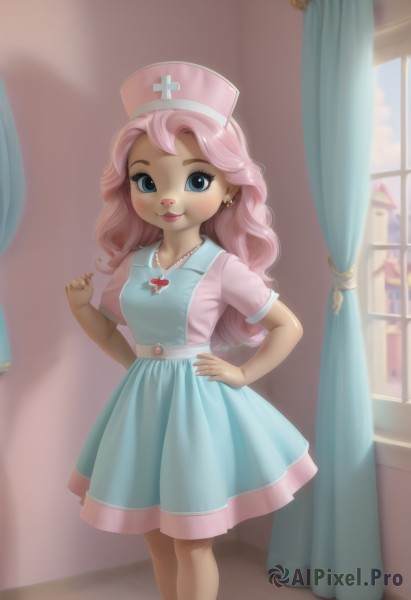 1girl,solo,long hair,breasts,looking at viewer,blush,smile,blue eyes,hat,dress,jewelry,closed mouth,standing,pink hair,short sleeves,earrings,small breasts,artist name,indoors,nail polish,lips,hand on hip,window,makeup,blue dress,wavy hair,cross,curtains,child,pink dress,furry,nurse cap,furry female,nurse,red cross,necklace