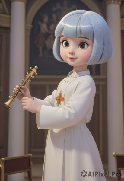 1girl,solo,looking at viewer,smile,short hair,bangs,long sleeves,dress,holding,brown eyes,closed mouth,blue hair,standing,grey hair,solo focus,indoors,blunt bangs,white dress,blurry,lips,depth of field,blurry background,chair,bob cut,instrument,child,music,female child,playing instrument,holding instrument,pillar,trumpet