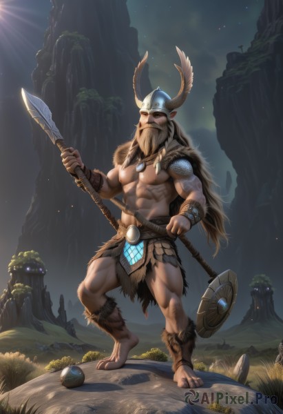 solo,long hair,looking at viewer,1boy,navel,holding,jewelry,nipples,standing,full body,weapon,male focus,outdoors,horns,sky,barefoot,necklace,holding weapon,armor,tree,tattoo,muscular,night,glowing,facial hair,abs,helmet,grass,pectorals,muscular male,polearm,shoulder armor,star (sky),night sky,bara,glowing eyes,pelvic curtain,beard,large pectorals,topless male,spear,rock,mountain,mature male,sun,axe,holding polearm,bare pectorals,loincloth,biceps,cliff,horned helmet,tribal,braid,artist name,cape,shield,realistic,fake horns,trident