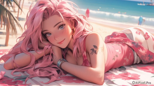 1girl,solo,long hair,breasts,looking at viewer,blush,smile,blue eyes,cleavage,bare shoulders,jewelry,medium breasts,closed mouth,swimsuit,pink hair,ass,flower,bikini,earrings,outdoors,lying,sky,sleeveless,day,water,blurry,bracelet,tree,lips,bare arms,petals,tattoo,makeup,depth of field,blurry background,ocean,beach,floral print,on stomach,lipstick,towel,pink flower,head rest,hoop earrings,pink lips,sand,palm tree,red lips,bangle,sarong,arm tattoo,watercraft,shoulder tattoo,mascara,solo focus,flower tattoo,print sarong