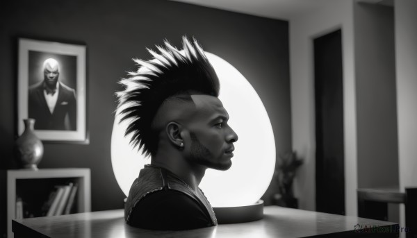 solo,short hair,shirt,1boy,jewelry,closed mouth,monochrome,upper body,greyscale,male focus,earrings,indoors,dark skin,bowtie,blurry,from side,profile,mask,scar,spiked hair,realistic,photo (object),vase,painting (object),mohawk,portrait (object),smile,bangs,jacket,vest,tattoo,piercing,table,ear piercing,undercut