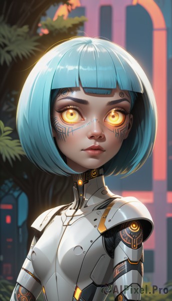 1girl,solo,breasts,looking at viewer,short hair,bangs,closed mouth,blue hair,yellow eyes,upper body,small breasts,outdoors,shiny,dark skin,blunt bangs,blurry,dark-skinned female,tree,lips,eyelashes,bodysuit,tattoo,makeup,blurry background,glowing,facial mark,bob cut,glowing eyes,freckles,science fiction,nose,android,joints,cyborg,robot joints,neon trim,black hair,artist name,orange eyes,facepaint,cyberpunk,mechanical parts