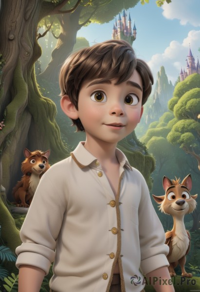 solo,looking at viewer,smile,short hair,brown hair,shirt,1boy,brown eyes,white shirt,upper body,male focus,outdoors,parted lips,sky,day,collared shirt,cloud,tree,blue sky,dress shirt,buttons,animal,leaf,grass,building,child,nature,sleeves rolled up,forest,freckles,dog,unbuttoned,male child,castle,unbuttoned shirt,open mouth,artist name,fantasy