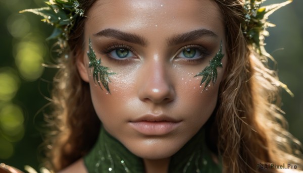 1girl,solo,long hair,looking at viewer,blonde hair,brown hair,hair ornament,closed mouth,green eyes,blurry,lips,eyelashes,depth of field,blurry background,leaf,portrait,close-up,forehead,freckles,realistic,nose,curly hair,leaf hair ornament,bokeh,wreath