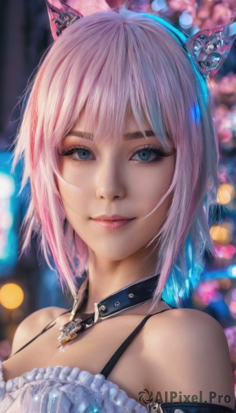 1girl,solo,looking at viewer,smile,short hair,bangs,blue eyes,animal ears,bare shoulders,jewelry,closed mouth,upper body,pink hair,multicolored hair,frills,choker,artist name,cat ears,necklace,blurry,collar,two-tone hair,lips,eyelashes,makeup,depth of field,blurry background,fake animal ears,portrait,eyeshadow,pink lips,realistic,nose,mascara,close-up,spaghetti strap,bokeh