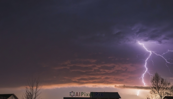 outdoors,sky,cloud,tree,no humans,cloudy sky,building,scenery,sunset,mountain,electricity,house,bare tree,lightning,water,horizon