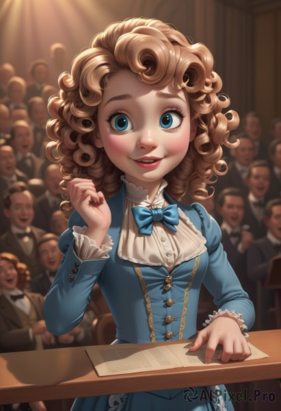 1girl,breasts,looking at viewer,blush,smile,blue eyes,blonde hair,brown hair,long sleeves,dress,bow,small breasts,frills,parted lips,multiple boys,solo focus,puffy sleeves,indoors,bowtie,medium hair,lips,makeup,blue dress,blue bow,table,lipstick,juliet sleeves,6+boys,curly hair,paper,blue bowtie,red lips,long hair,open mouth,sitting,nail polish,blurry,formal,suit,web address,freckles