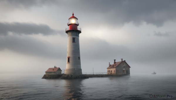 outdoors,sky,day,artist name,cloud,signature,water,dated,no humans,window,ocean,cloudy sky,building,scenery,reflection,watercraft,ship,tower,boat,fog,grey sky,lighthouse,horizon,pier