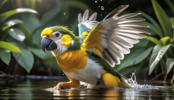 HQ,solo,open mouth,brown eyes,outdoors,wings,artist name,water,blurry,black eyes,pokemon (creature),no humans,depth of field,bird,animal,leaf,watermark,feathers,plant,web address,water drop,realistic,animal focus,splashing,talons,beak,looking at viewer,full body,nature,feathered wings,reflection,ripples