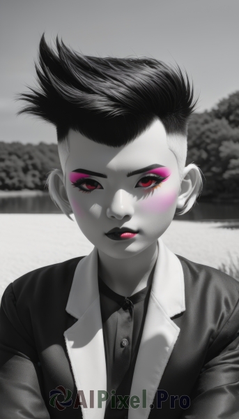 1girl,solo,looking at viewer,short hair,shirt,red eyes,closed mouth,jacket,monochrome,upper body,greyscale,outdoors,necktie,collared shirt,blurry,lips,eyelashes,dress shirt,makeup,buttons,blurry background,formal,suit,lipstick,spiked hair,bandaid,eyeshadow,spot color,bandaid on face,eyeliner,undercut,bandaid on cheek,parted lips,zipper,nose,facepaint,very short hair,mascara,mohawk