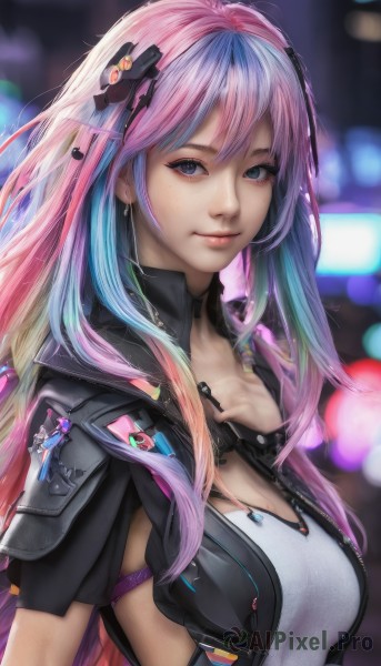 1girl,solo,long hair,breasts,looking at viewer,smile,bangs,blue eyes,large breasts,hair ornament,cleavage,jewelry,medium breasts,closed mouth,underwear,blue hair,jacket,upper body,pink hair,short sleeves,multicolored hair,earrings,choker,nail polish,bra,mole,blurry,two-tone hair,lips,black jacket,grey eyes,mole under eye,gradient hair,depth of field,blurry background,hand on own chest,black nails,realistic,nose,purple hair,open clothes,open jacket,freckles,science fiction