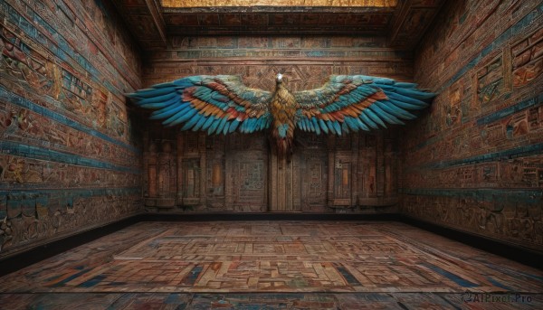 solo,wings,indoors,no humans,window,sunlight,scenery,wooden floor,stairs,fantasy,architecture,statue,banner,ceiling,stained glass,carpet,chandelier,standing,shadow,bird,feathers,feathered wings,door,bookshelf,tiles,wall,tile floor,library,ambiguous gender,spread wings