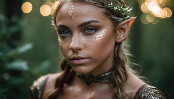 1girl,solo,long hair,looking at viewer,blue eyes,blonde hair,brown hair,hair ornament,green eyes,choker,pointy ears,blurry,lips,depth of field,blurry background,facial mark,elf,portrait,realistic,nose,scales,bokeh,braid,aqua eyes,eyelashes,nature,close-up