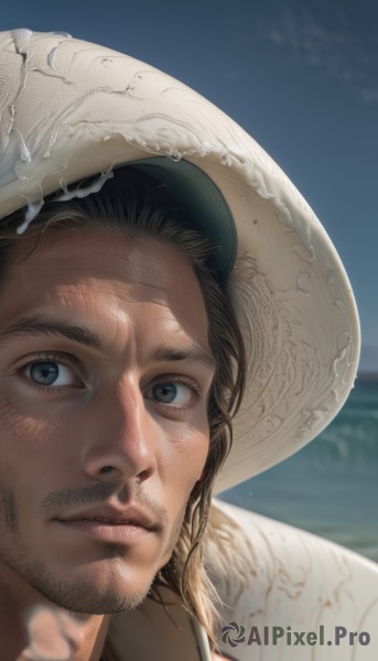 solo,looking at viewer,blue eyes,brown hair,black hair,1boy,hat,closed mouth,male focus,outdoors,sky,day,water,blurry,blue sky,lips,depth of field,blurry background,facial hair,ocean,portrait,beard,close-up,realistic,nose,mustache,stubble,straw hat,grey eyes,beach