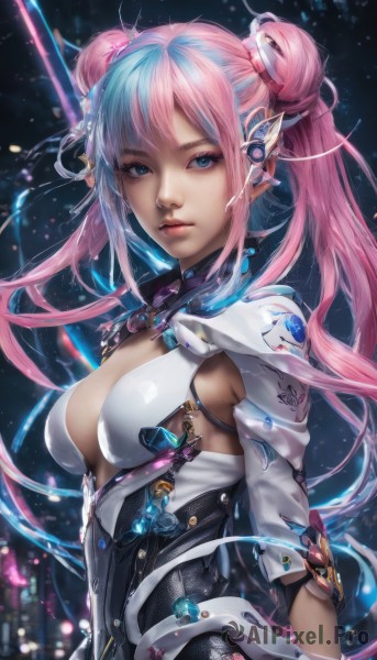 1girl,solo,long hair,breasts,looking at viewer,bangs,blue eyes,hair ornament,cleavage,twintails,medium breasts,closed mouth,blue hair,upper body,pink hair,multicolored hair,artist name,hair bun,two-tone hair,lips,clothing cutout,double bun,bodysuit,makeup,headgear,science fiction,realistic,nose