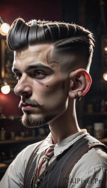 solo,short hair,blue eyes,shirt,black hair,1boy,jewelry,closed mouth,white shirt,upper body,male focus,earrings,necktie,striped,collared shirt,mole,blurry,vest,blurry background,facial hair,red necktie,portrait,beard,black vest,realistic,nose,mustache,stud earrings,waistcoat,necklace,lips,blood,manly,bar (place)