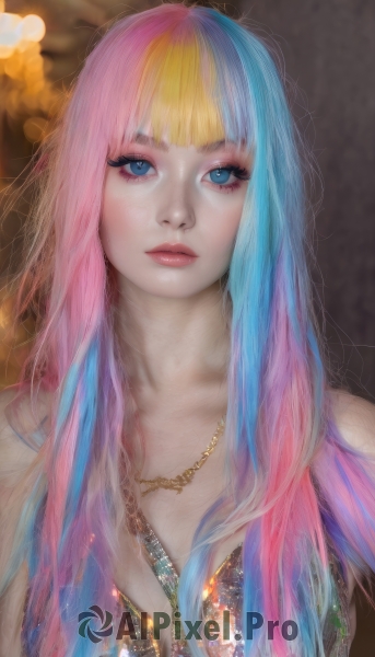 1girl,solo,long hair,breasts,looking at viewer,bangs,blue eyes,blonde hair,dress,bare shoulders,jewelry,closed mouth,blue hair,collarbone,upper body,pink hair,multicolored hair,blunt bangs,necklace,blurry,two-tone hair,lips,eyelashes,makeup,lipstick,eyeshadow,pink lips,realistic,nose,mascara,parted lips,artist name,gradient hair,watermark