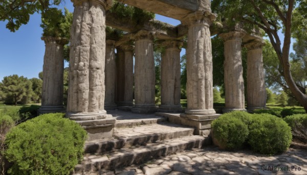 outdoors,sky,day,tree,blue sky,no humans,grass,plant,nature,scenery,forest,bush,ruins,pillar,path,arch,moss,column,signature,rock,stairs