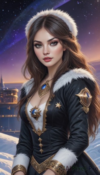 1girl,solo,long hair,breasts,looking at viewer,brown hair,long sleeves,dress,cleavage,brown eyes,jewelry,medium breasts,green eyes,outdoors,parted lips,sky,necklace,star (symbol),black dress,lips,coat,grey eyes,fur trim,night,gem,star (sky),night sky,snow,pendant,starry sky,snowing,nose,red lips,winter,shooting star,blush,bangs,jacket,upper body,black jacket,makeup,freckles,realistic