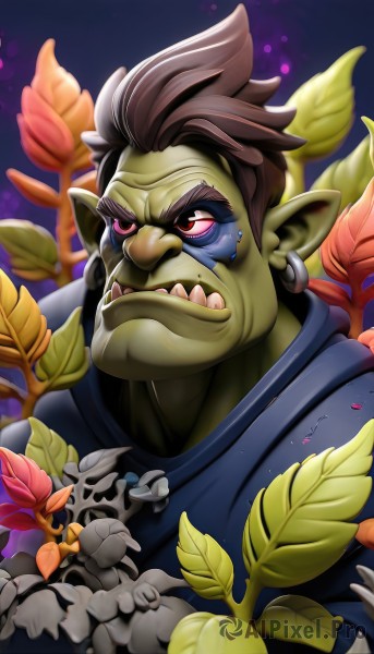 solo,short hair,open mouth,brown hair,red eyes,1boy,jewelry,closed mouth,upper body,male focus,earrings,japanese clothes,teeth,pointy ears,pink eyes,colored skin,frown,leaf,fangs,thick eyebrows,sharp teeth,colored sclera,green skin,mohawk,orc,tusks,goblin,portrait,skull