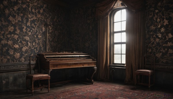 day,indoors,no humans,window,chair,table,sunlight,plant,curtains,instrument,scenery,wooden floor,piano,carpet,chandelier,grand piano,flower,painting (object),still life