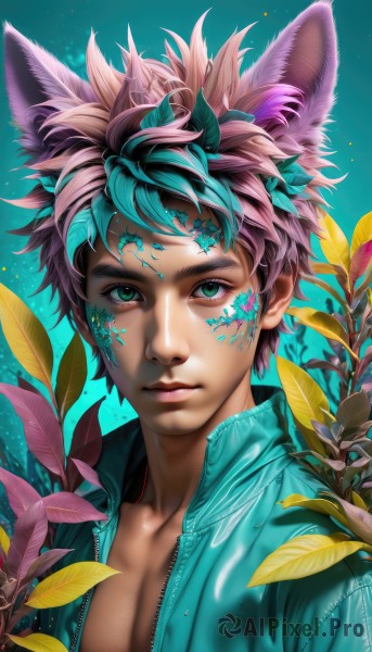 solo,looking at viewer,short hair,1boy,animal ears,closed mouth,green eyes,collarbone,jacket,upper body,pink hair,male focus,multicolored hair,open clothes,artist name,cat ears,signature,two-tone hair,open jacket,lips,animal ear fluff,gradient,fox ears,gradient background,eyelashes,leaf,watermark,blue background,facial mark,pectorals,plant,portrait,web address,zipper,nose,pectoral cleavage,blue hair,purple hair,green hair,star (symbol),aqua hair,wolf ears,realistic