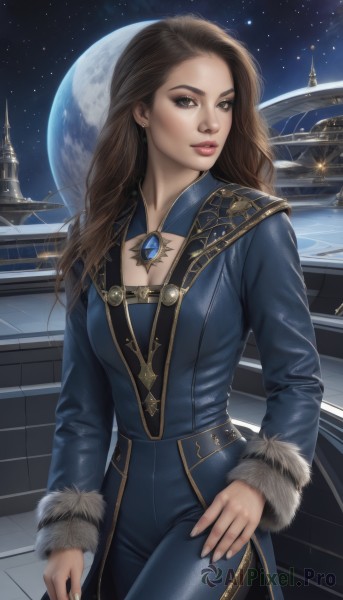 1girl,solo,long hair,breasts,looking at viewer,brown hair,long sleeves,dress,brown eyes,jewelry,standing,cowboy shot,parted lips,sky,pants,signature,necklace,lips,coat,fur trim,makeup,night,moon,lipstick,gem,star (sky),night sky,full moon,pendant,starry sky,realistic,nose,space,fur-trimmed sleeves,planet,earth (planet),cleavage,medium breasts,earrings,hand on hip,bodysuit