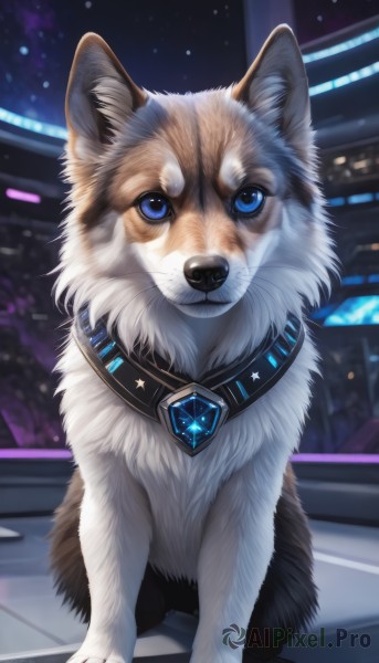 solo,looking at viewer,blue eyes,full body,collar,no humans,night,animal,gem,dog,realistic,animal focus,blue gemstone,jewelry,necklace,star (symbol),shiba inu