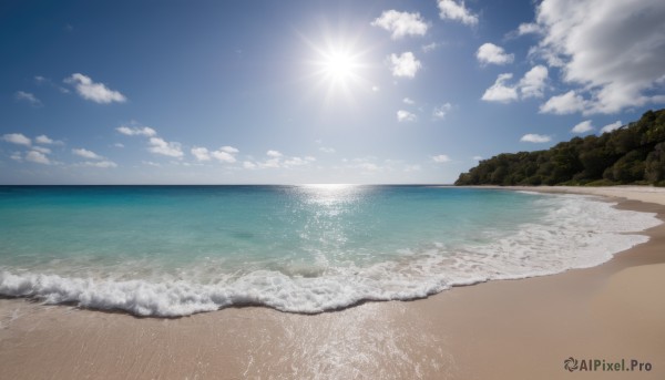 outdoors,sky,day,cloud,water,tree,blue sky,no humans,ocean,beach,sunlight,cloudy sky,nature,scenery,sand,sun,horizon,waves,shore,forest