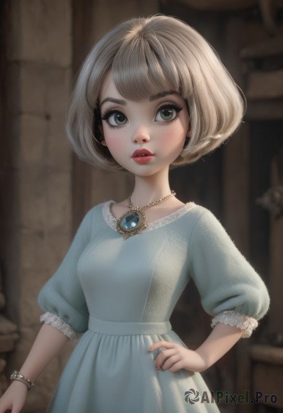 1girl,solo,breasts,looking at viewer,short hair,bangs,blonde hair,dress,brown eyes,jewelry,standing,upper body,short sleeves,small breasts,parted lips,puffy sleeves,artist name,indoors,necklace,nail polish,blurry,black eyes,bracelet,puffy short sleeves,lips,fingernails,hand on hip,grey eyes,eyelashes,makeup,blurry background,blue dress,bob cut,lipstick,gem,pendant,eyeshadow,freckles,nose,red lips,mascara,blush,brown hair,earrings,lace trim,lace,realistic