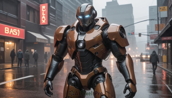 blue eyes,standing,outdoors,multiple boys,solo focus,military,glowing,robot,ground vehicle,building,mecha,glowing eyes,motor vehicle,reflection,walking,science fiction,rain,city,sign,realistic,car,road,police,street,police uniform,open hands,power armor,cyberpunk,humanoid robot,traffic light,looking at viewer,blurry,no humans,power lines,road sign