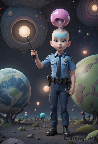 solo,looking at viewer,shirt,1boy,holding,standing,full body,weapon,short sleeves,male focus,boots,necktie,teeth,belt,pants,artist name,star (symbol),black footwear,uniform,gun,facial mark,blue shirt,star (sky),black necktie,black belt,forehead mark,blue pants,space,bald,planet,police,police uniform,alien,policewoman,open mouth,pink hair,tree,leaf,rock,earth (planet),mohawk