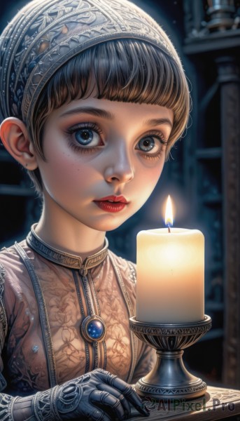 1girl,solo,looking at viewer,short hair,bangs,blue eyes,brown hair,black hair,gloves,jewelry,closed mouth,upper body,hairband,earrings,indoors,blurry,lips,book,eyelashes,makeup,fire,lipstick,brooch,gauntlets,gem,freckles,red lips,stud earrings,candle,very short hair,flame,candlestand,candlelight,blunt bangs,blurry background,nose