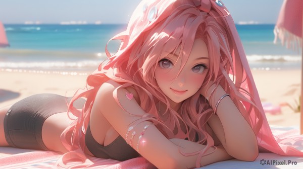 1girl,solo,long hair,breasts,looking at viewer,blush,smile,bangs,cleavage,hair between eyes,bare shoulders,jewelry,medium breasts,closed mouth,swimsuit,pink hair,heart,bikini,outdoors,lying,sky,shorts,day,water,blurry,bracelet,blue sky,lips,crop top,parted bangs,grey eyes,short shorts,sideboob,tattoo,depth of field,blurry background,black bikini,ocean,umbrella,wavy hair,beach,black shorts,on stomach,towel,armlet,head rest,pink lips,sand,arm tattoo,beach umbrella,beach towel,blue eyes,shirt,ass,sleeveless,solo focus,midriff,cloud,black shirt,eyelashes,tank top,armband,hand in own hair,horizon