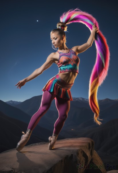 1girl,solo,long hair,breasts,skirt,hair ornament,navel,bare shoulders,very long hair,closed eyes,ponytail,pink hair,pantyhose,multicolored hair,sky,midriff,dark skin,miniskirt,dark-skinned female,crop top,night,moon,feathers,mountain,cheerleader,dancing,brown hair,black hair,toned,desert